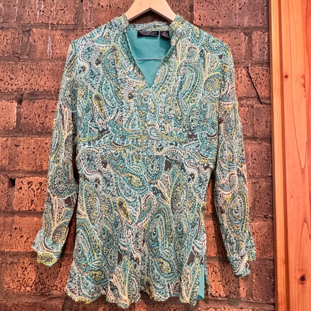 Vintage Fairy Core New York City Design Paisley Sequin Embellished Teal Green L